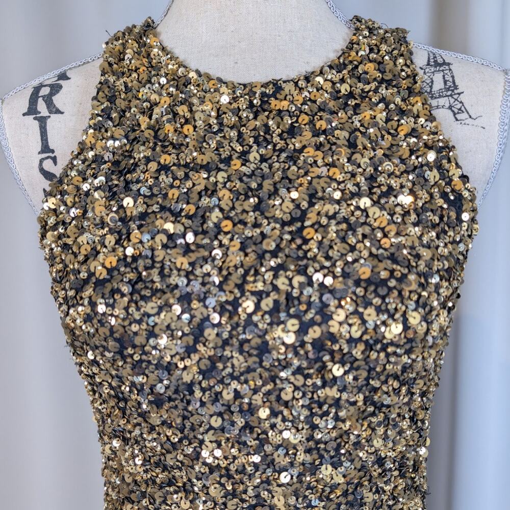 Theia Gold Sequin Gown Size 4 Black Gold Sleeveless Mermaid Maxi Dress - Picture 8 of 16
